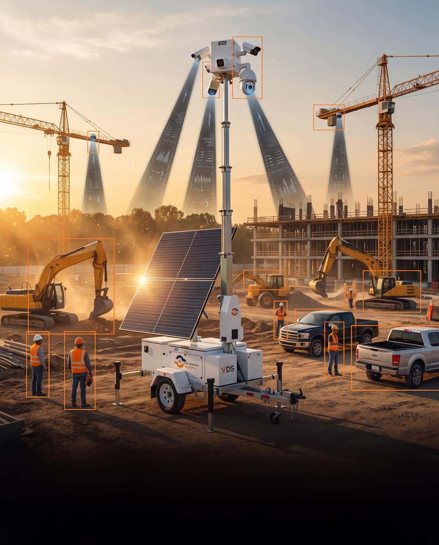 VDS solar trailer capturing a construction site with AI detection boxes