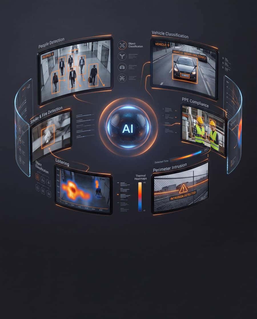 VisionStream AI core triaging people, vehicle, fire, and intrusion detections