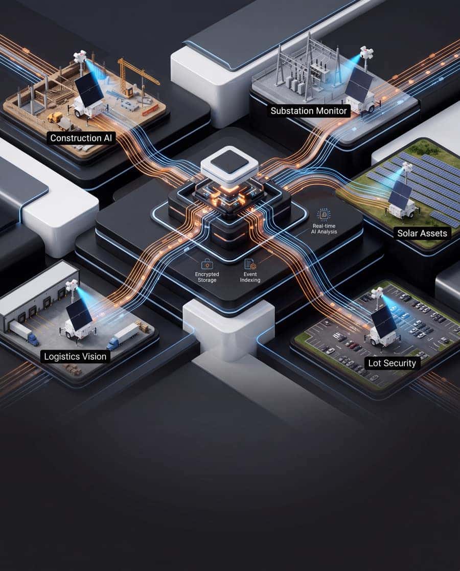 VisionStream platform hub ingesting encrypted streams from deployed sites