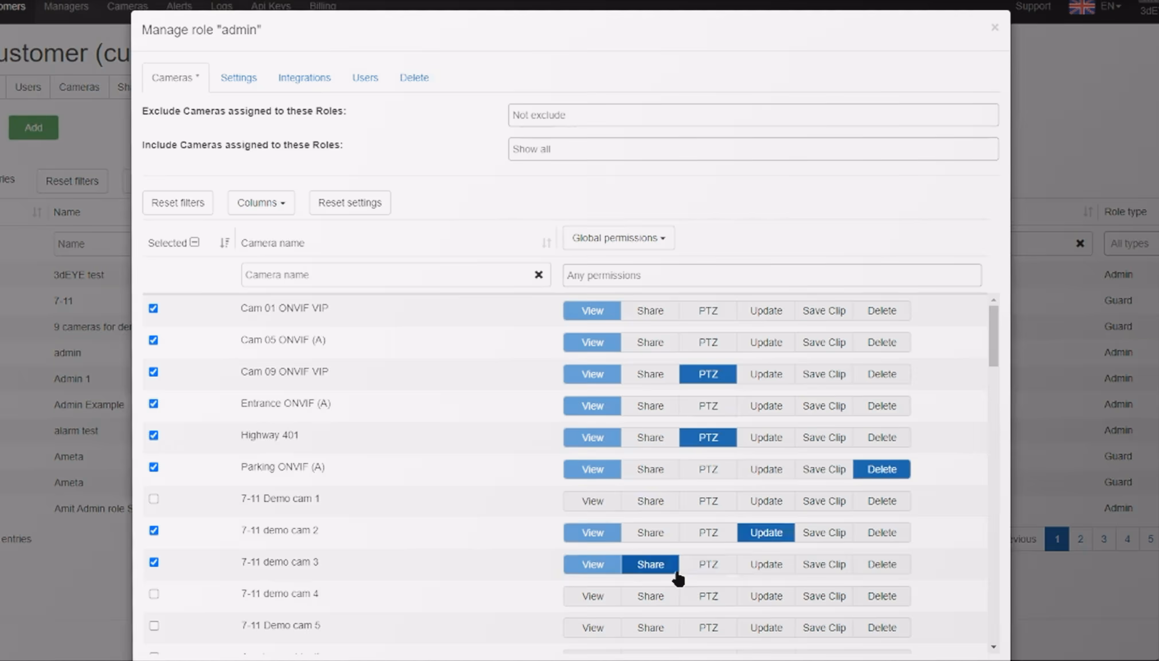 Admin roles and permissions management interface