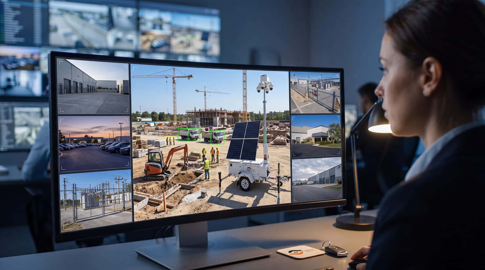 Mobile surveillance unit overlooking an active construction site