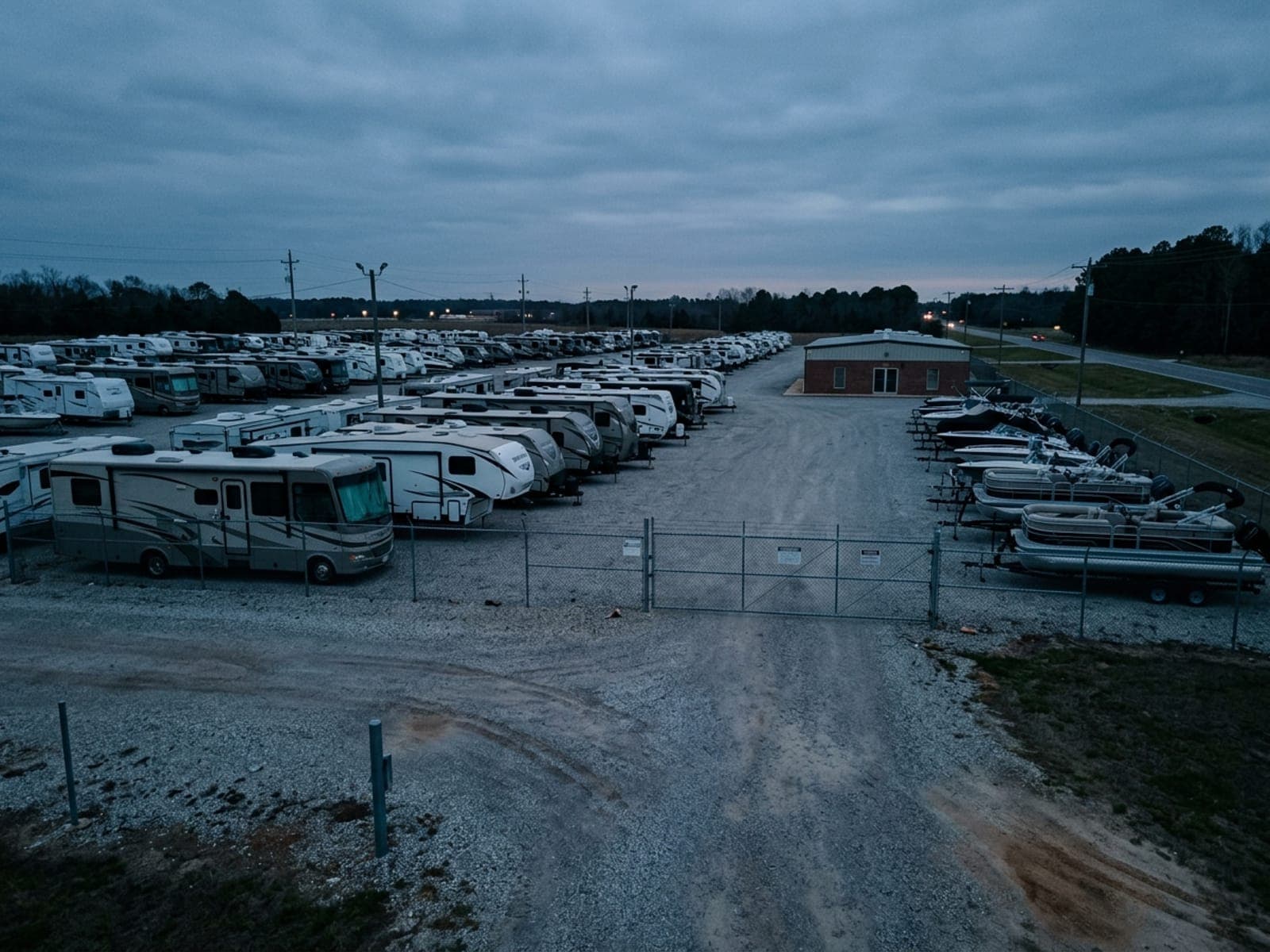 Joyriding, trespass, and vandalism risk area at an RV & boat dealers site