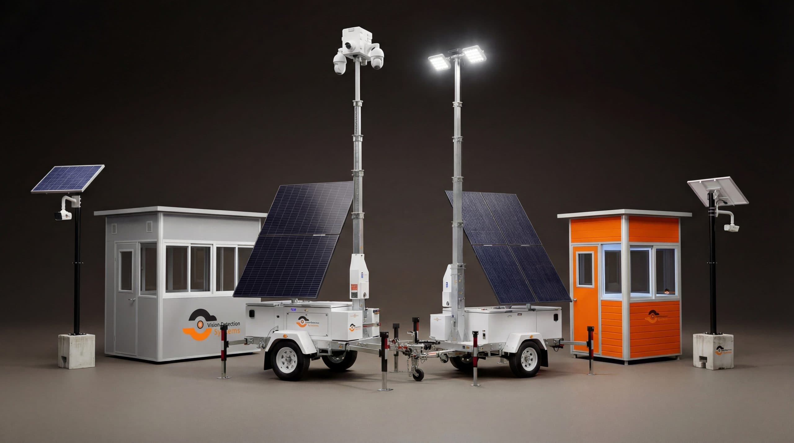 The VDS product family: solar surveillance kit, medical and cooling booth, mobile surveillance unit, mobile lighting trailer, security booth, and solar LPR kit