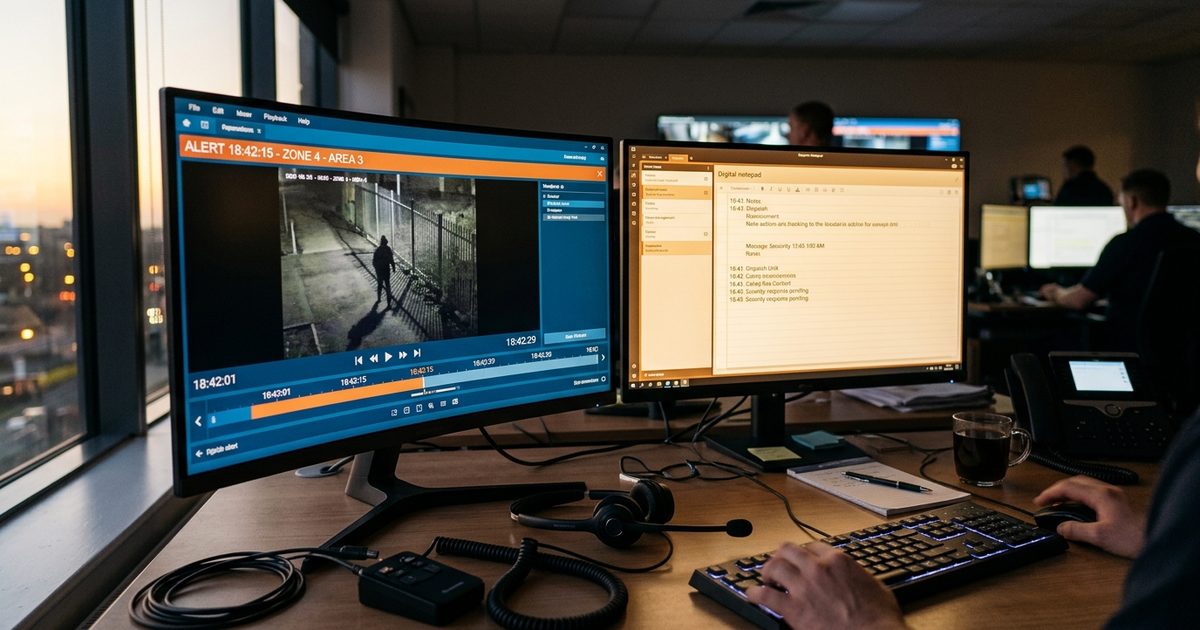 Operator verifying an alert with dispatch notes open