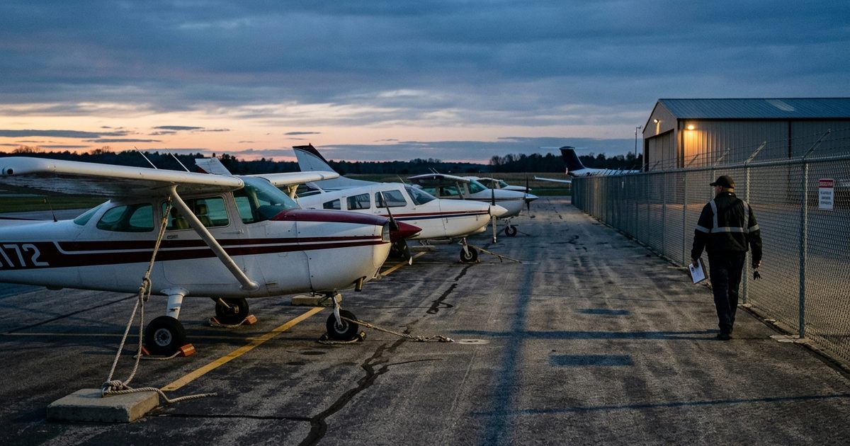 Light aircraft tied down on a GA ramp