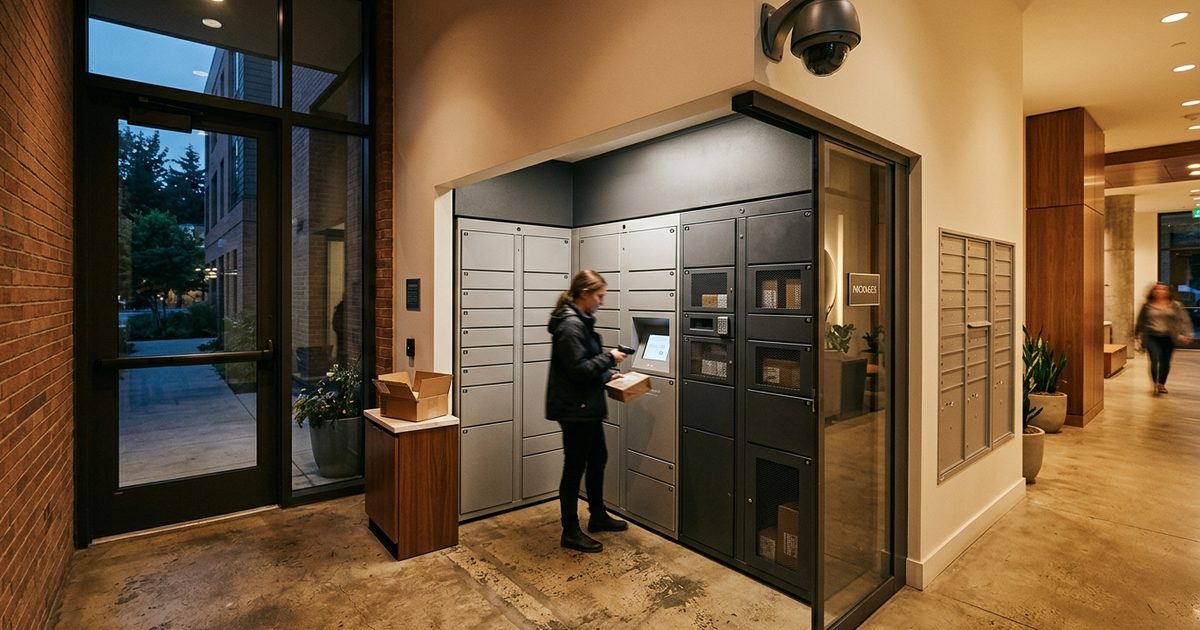 Parcel locker room with camera coverage