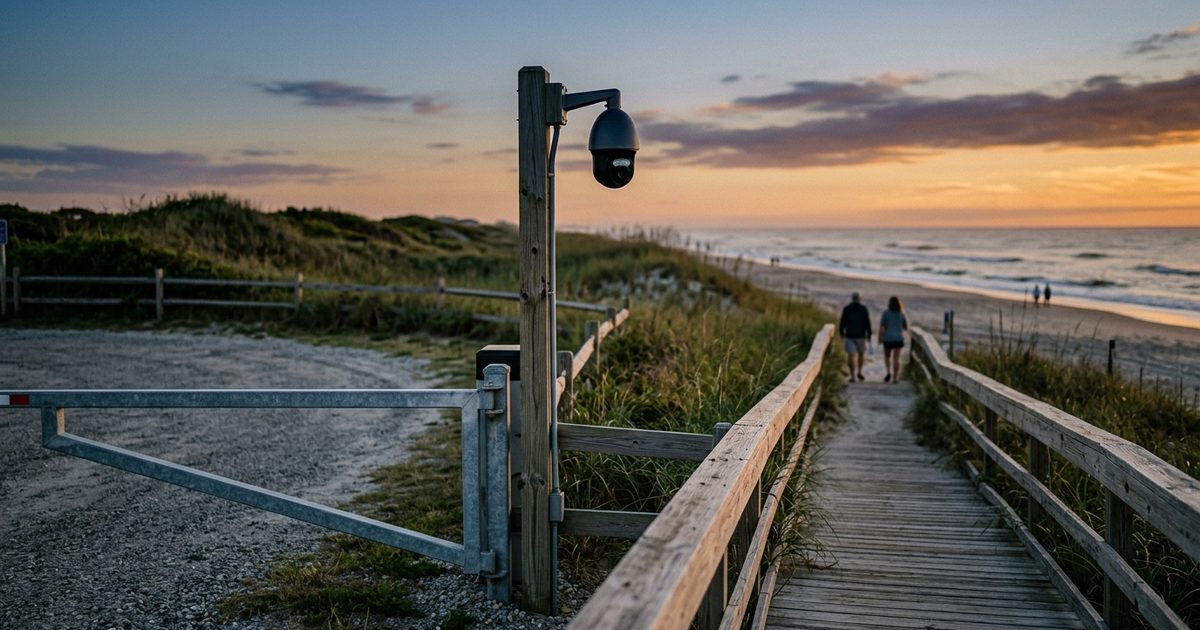 Beach access point with camera coverage at dusk