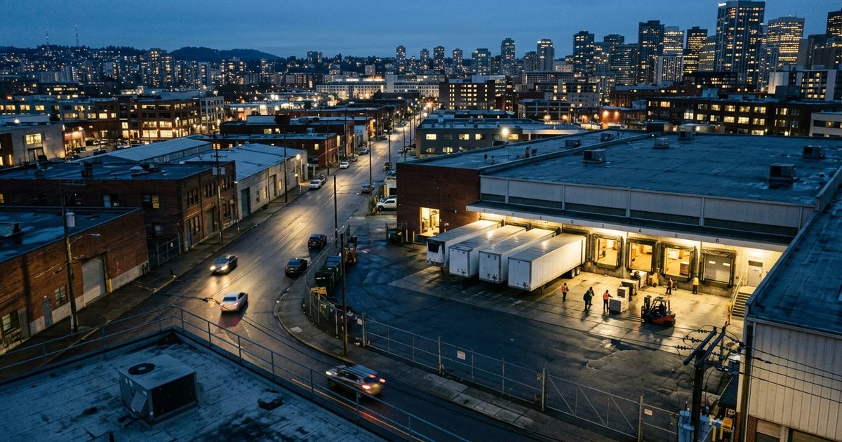 Commercial district at night with lit loading docks