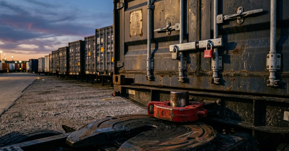 Sealed trailer doors and kingpin lock at a logistics yard