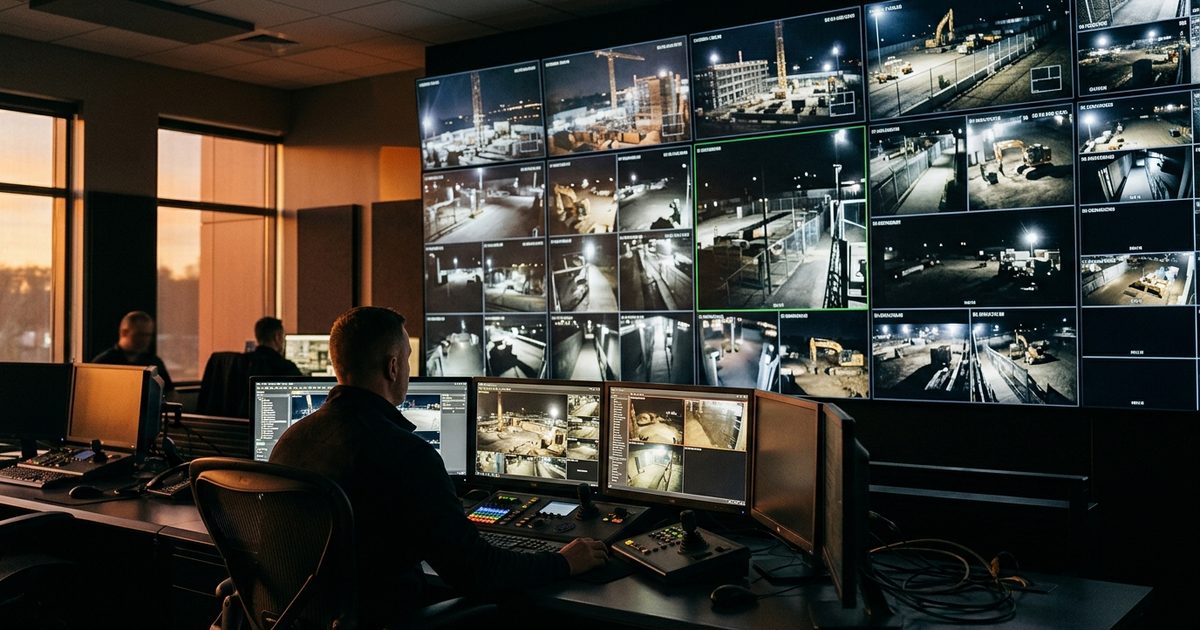 Jobsite feeds on a monitoring center wall
