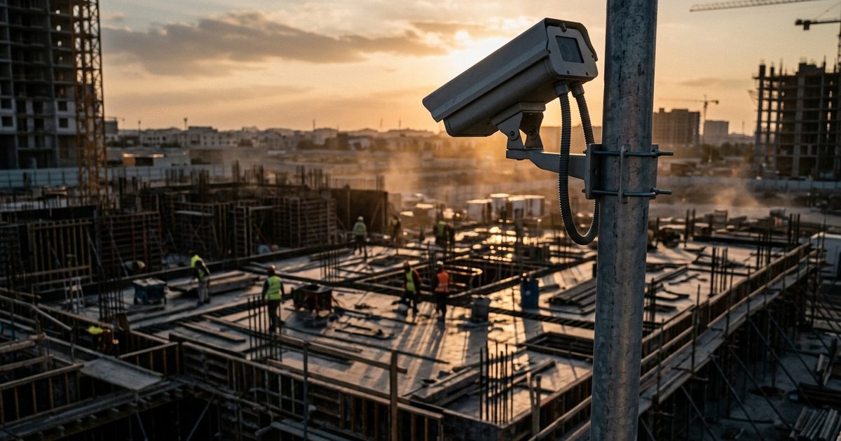 Pole-mounted jobsite camera over active formwork