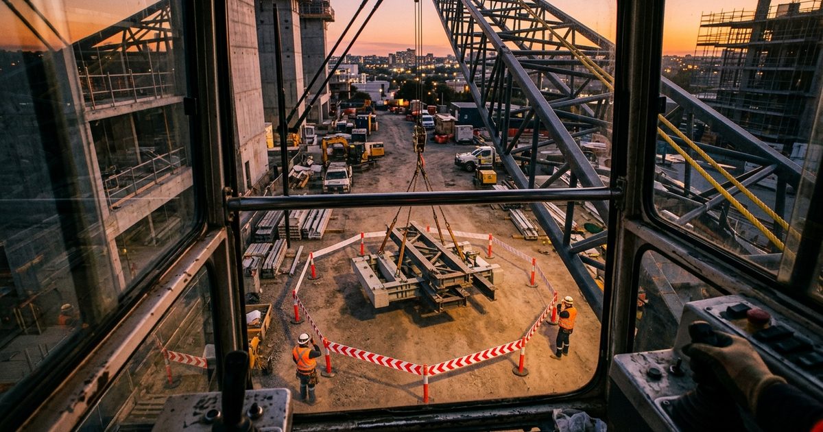 Operator's-eye view of a rigged load and exclusion zone