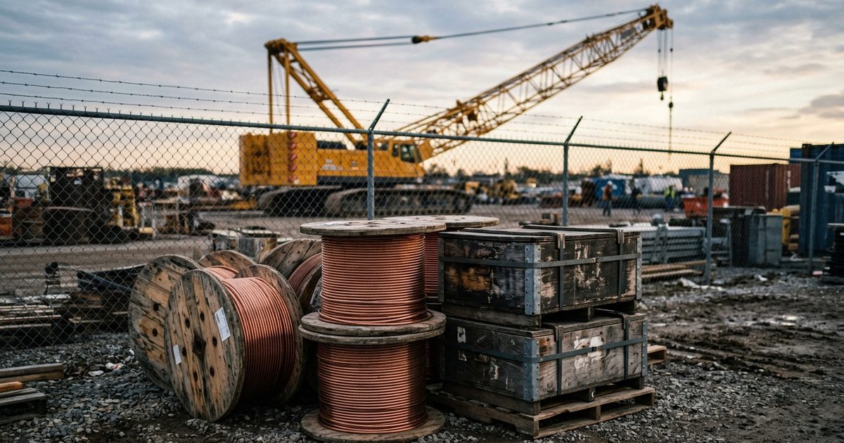 Copper cable reels staged in a data center laydown yard