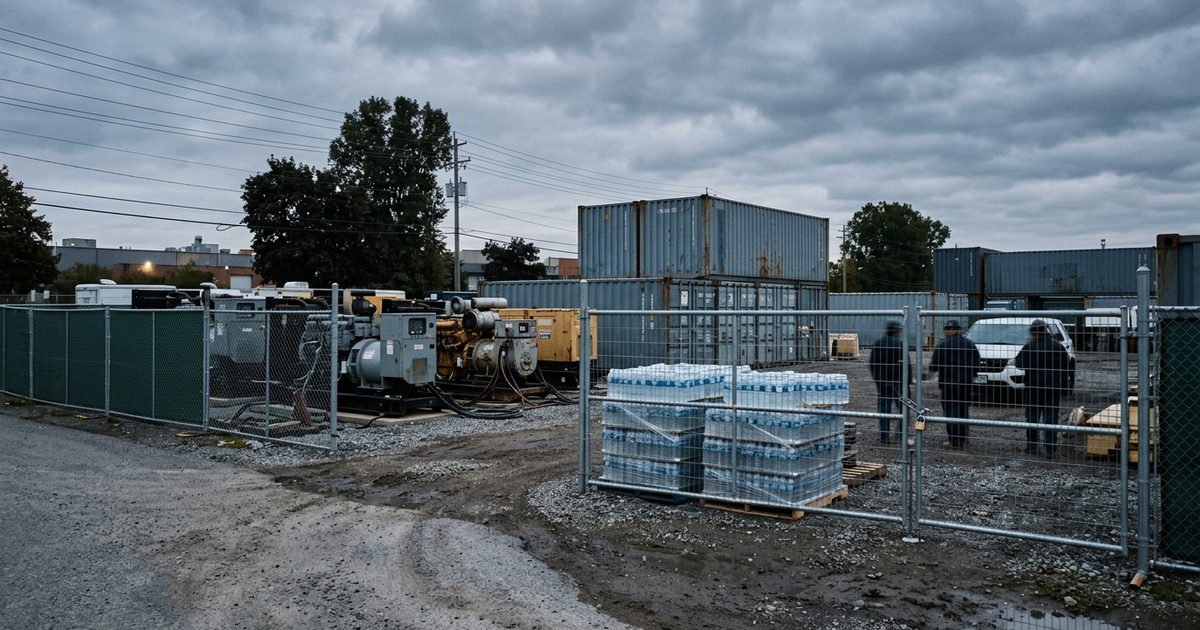 Relief supplies staged behind temporary fencing
