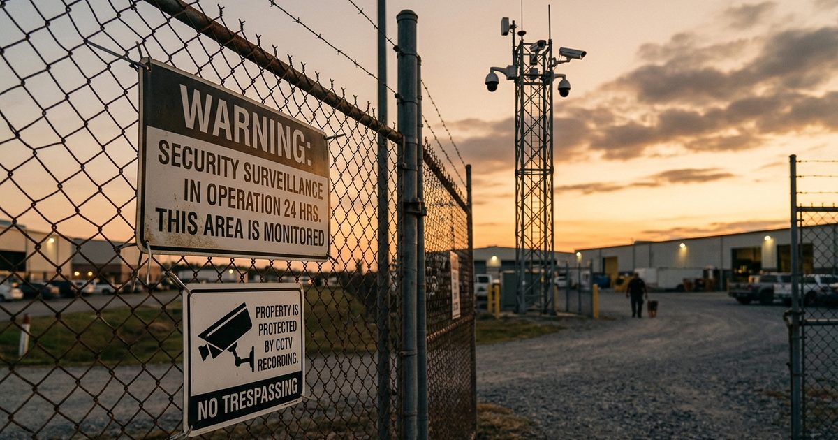 Visible surveillance signage at a protected perimeter