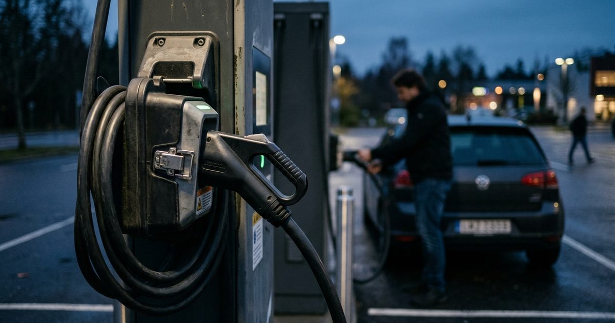 EV fast-charging cable and holster at a public charging plaza