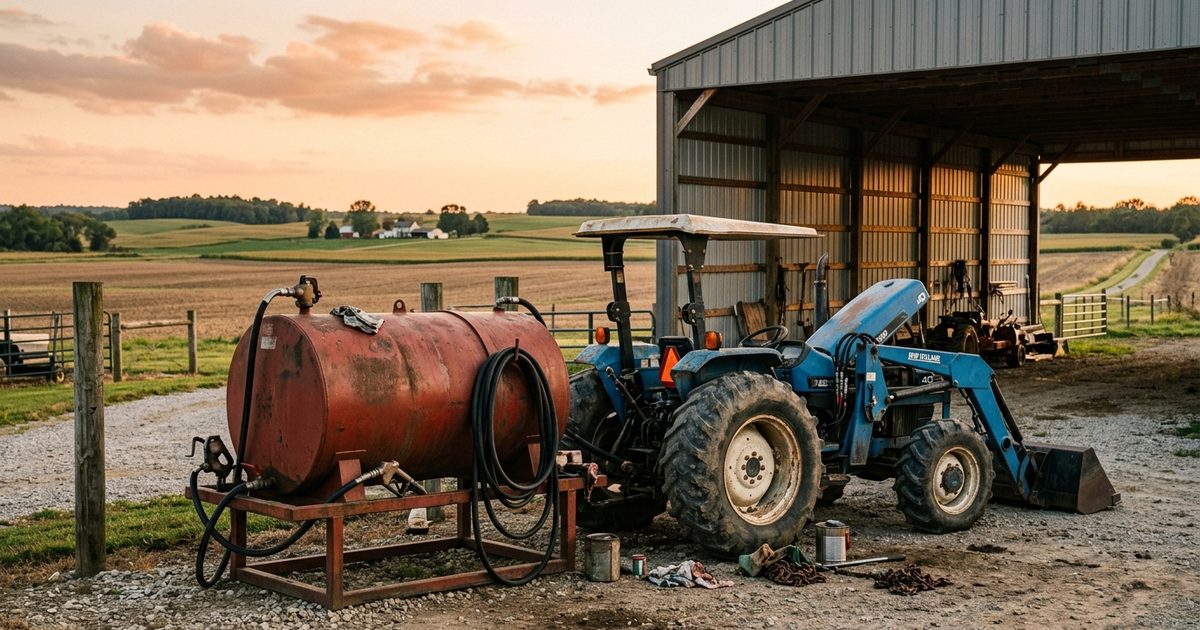 Fuel tank and tractor beside a pole barn