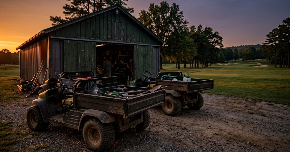 Course equipment staged at the maintenance barn