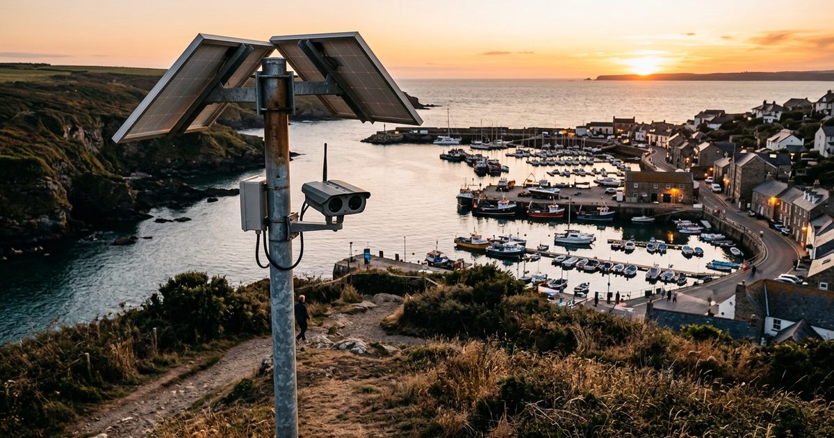 Solar surveillance unit overlooking an island harbor