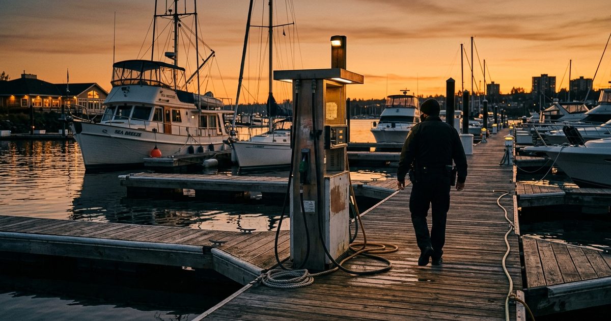 Marina docks and fuel point at dusk