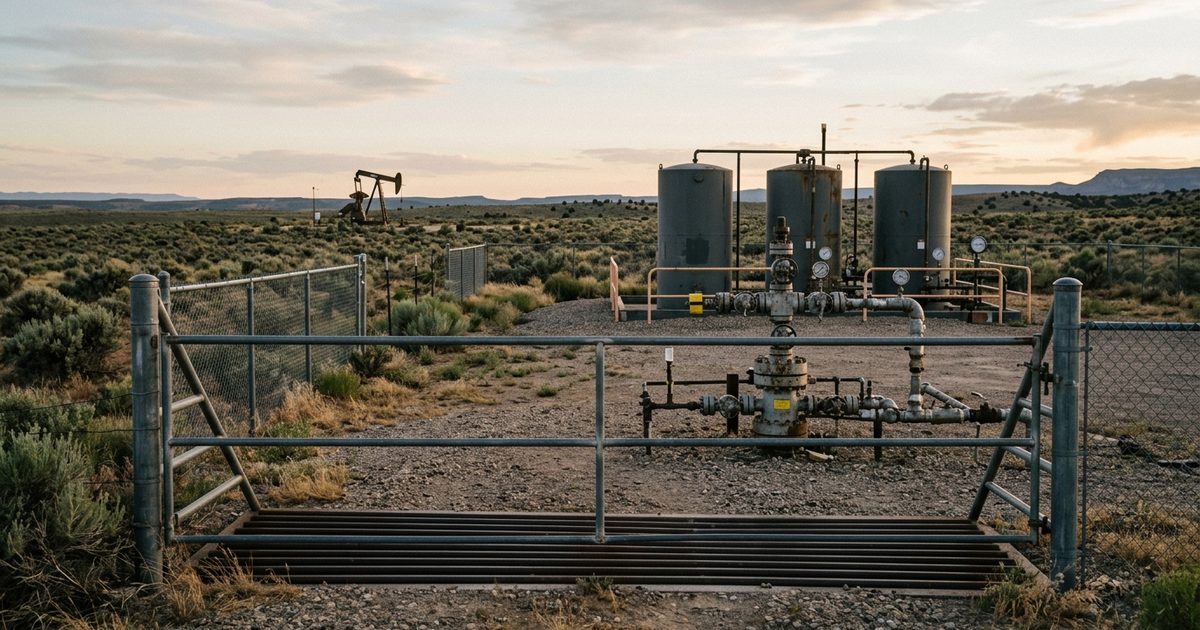 Tank battery and wellhead behind a lease gate