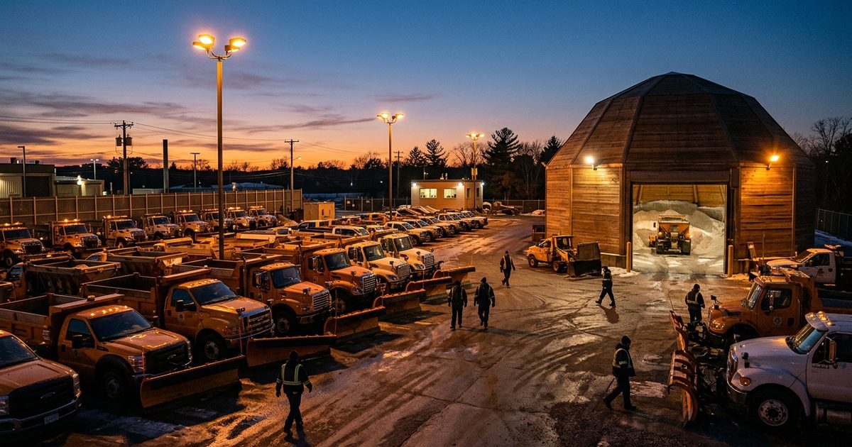 Municipal fleet and salt dome under yard lighting