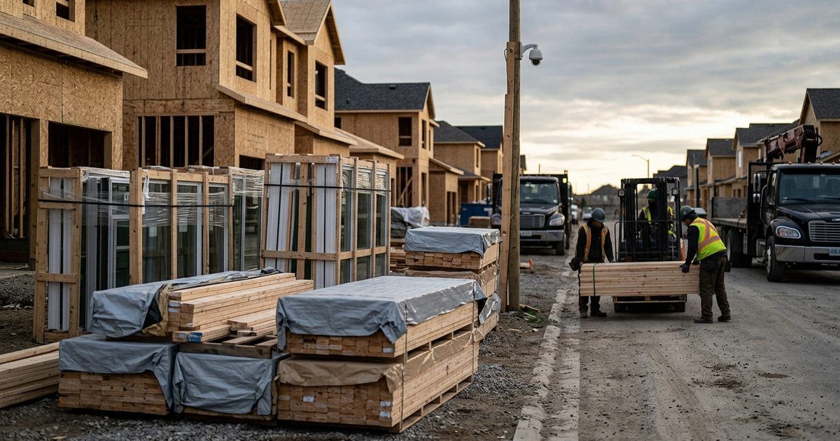 Lumber and window deliveries staged at framed homes