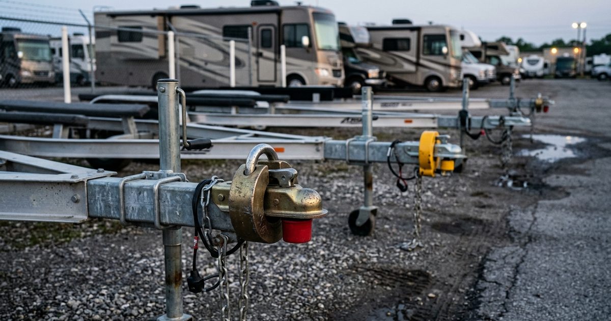 Hitch locks on boat trailers at a dealership