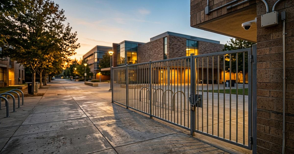Campus exterior and bike racks during break