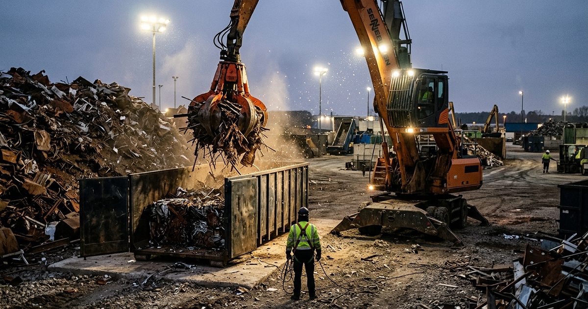 Grapple crane loading processed scrap at dusk