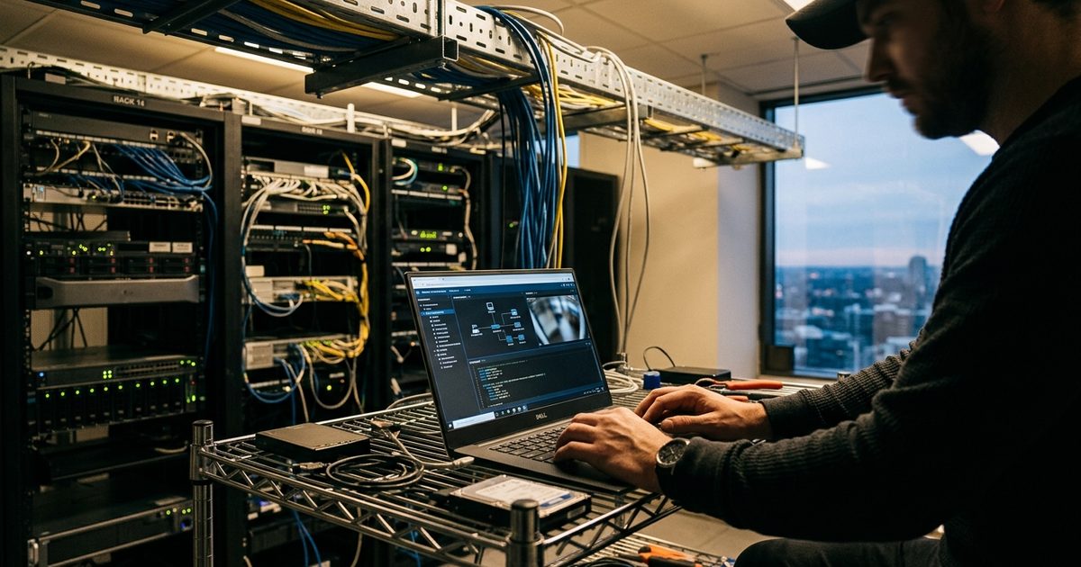 Technician updating camera firmware from a laptop