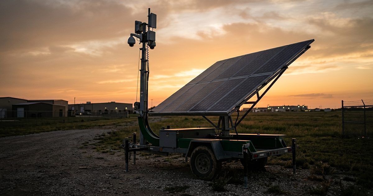 Solar array and mast on a surveillance trailer