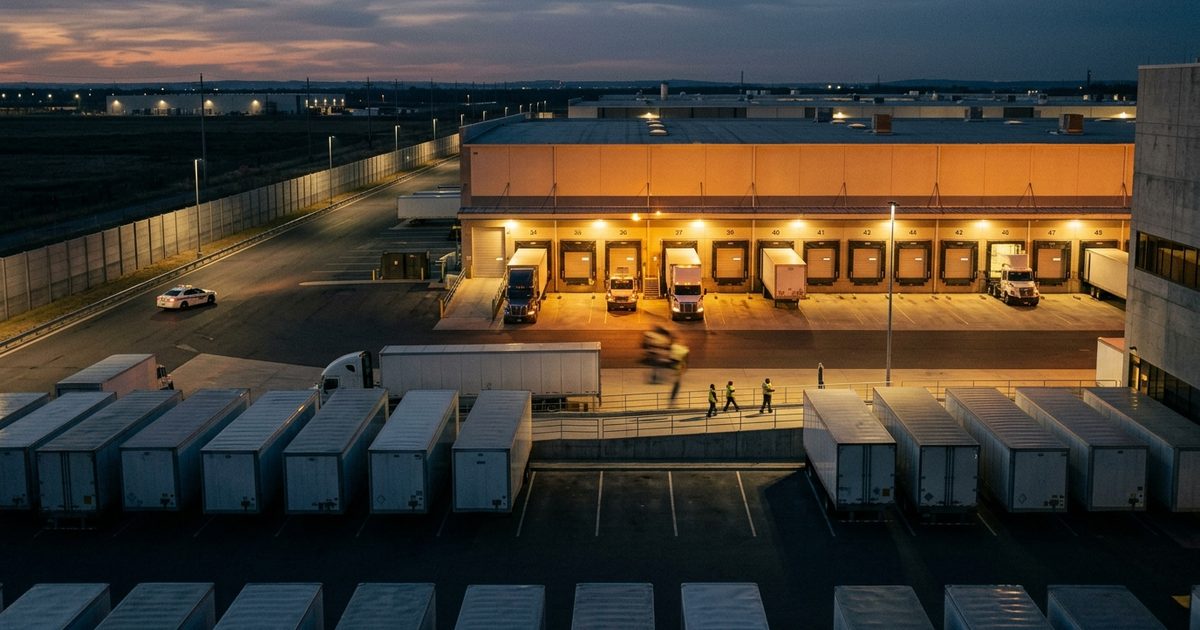 Elevated view of docks and truck court overnight