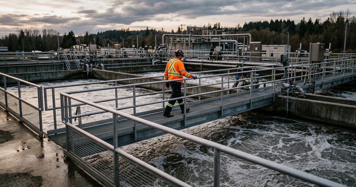 Aeration basins and walkways at a treatment plant